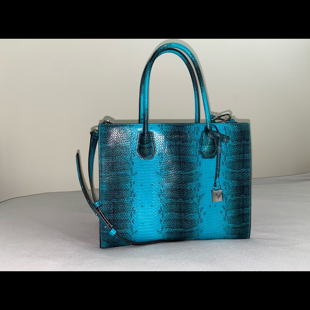 Michael Kors Studio Mercer Snake Medium/Large Blue Leather Tote